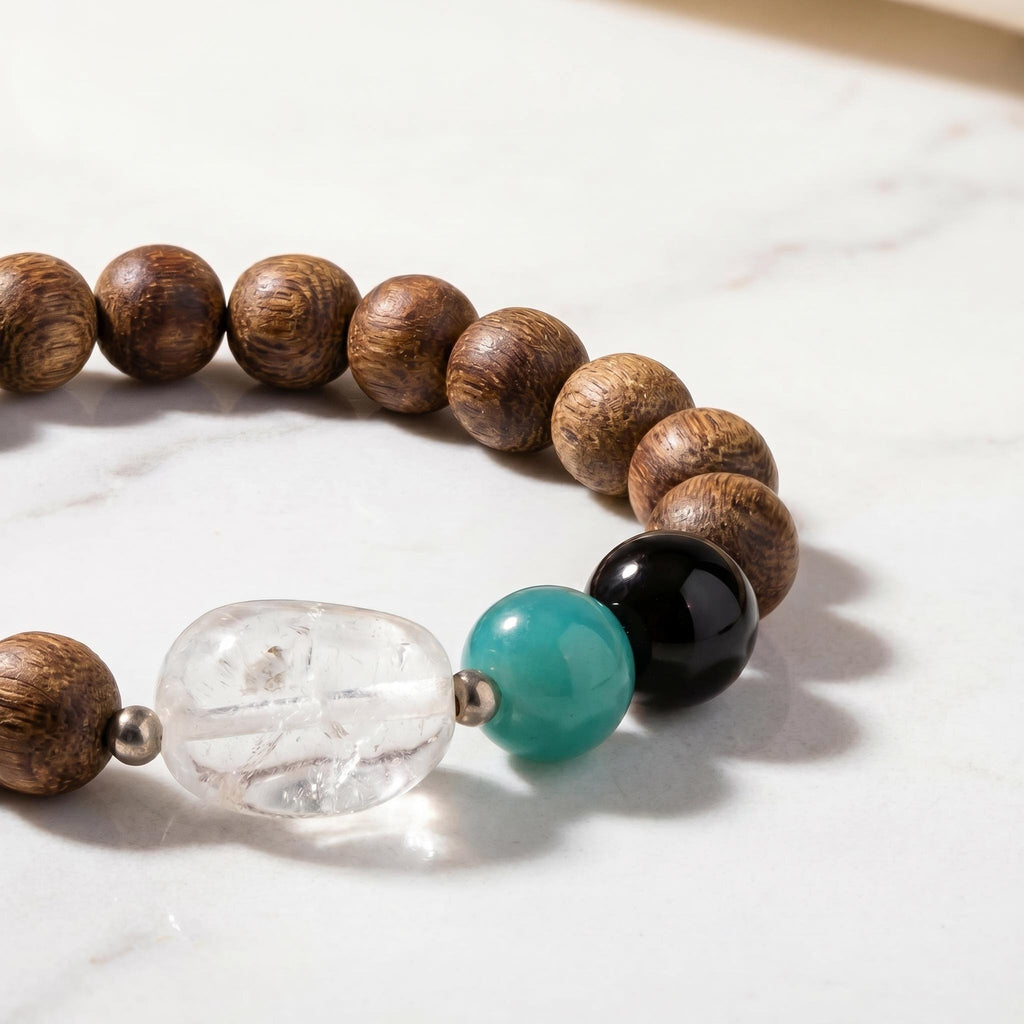 Natural Agarwood Bracelet with white crystal, black agate and blue chalcedony